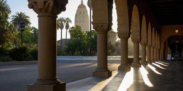 Stanford colonnade with Hoover tower in the background