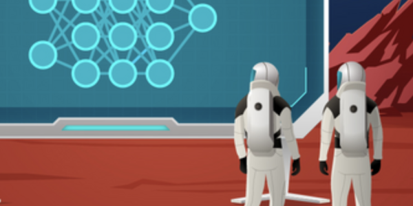 Astronauts looking at a data visualization