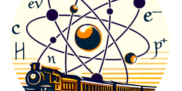 Circular logo featuring a stylized atom with orbiting particles and scientific symbols such as e⁻, p⁺, n, γ, Z⁰, eV, and H. A classic steam locomotive runs along tracks in the foreground, symbolizing motion and progress. The background features golden rays and a warm color palette, blending themes of physics, energy, and transportation
