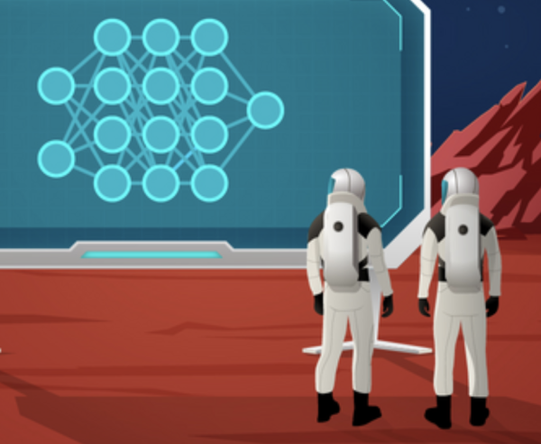 Astronauts looking at a data visualization