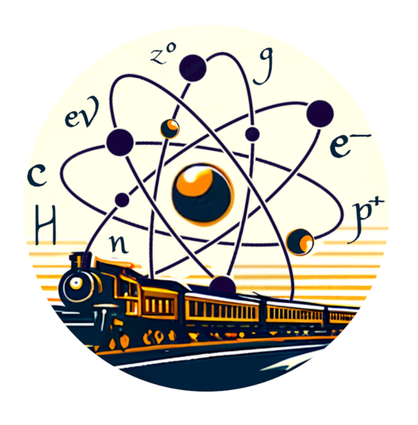 Circular logo featuring a stylized atom with orbiting particles and scientific symbols such as e⁻, p⁺, n, γ, Z⁰, eV, and H. A classic steam locomotive runs along tracks in the foreground, symbolizing motion and progress. The background features golden rays and a warm color palette, blending themes of physics, energy, and transportation